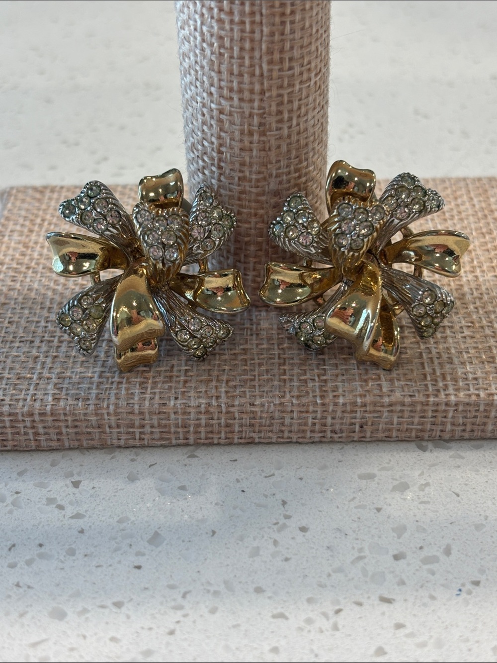 Vintage Signed CINER Pave Rhinestone Flower Bow Clip-On Earrings